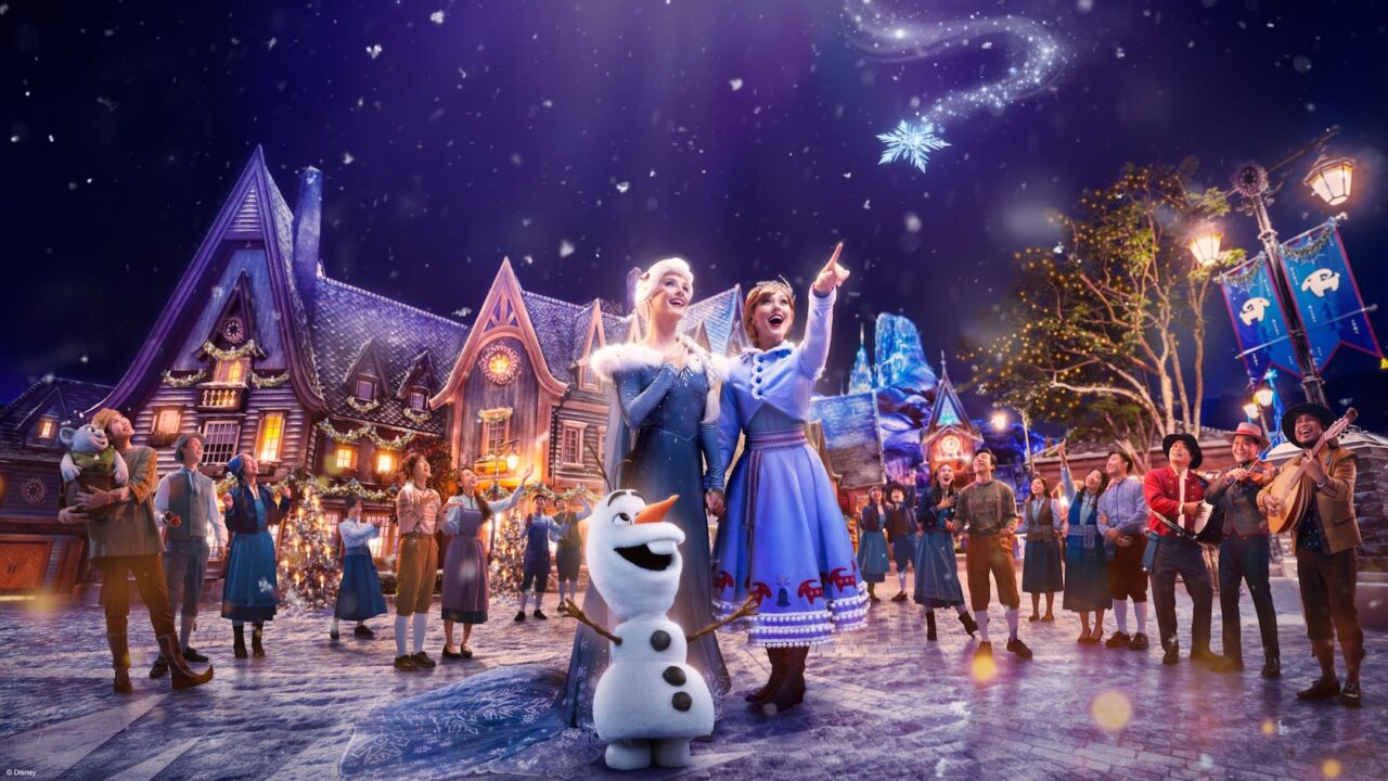 魔雪奇緣世界雪夜裡的安娜、艾莎、雪寶和艾倫戴爾居民