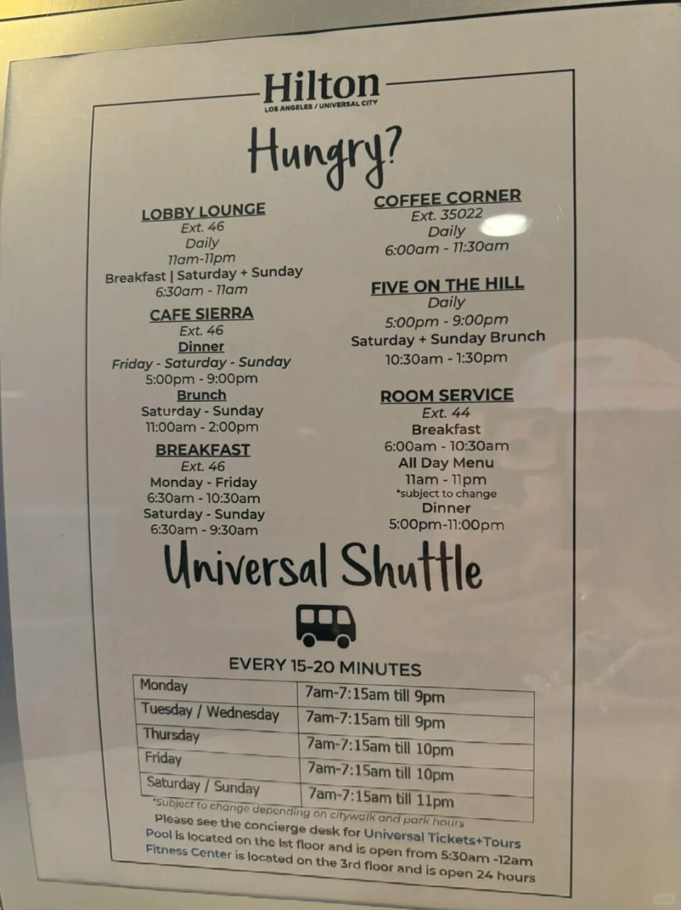 Hilton Los Angeles Universal City Time Table